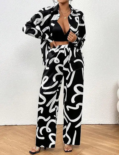 Women Clothing 2024 Autumn New Fashion Print Set Casual Button Collar Shirt Long Sleeved Wide Leg Pants Long Pants Two-piece Set