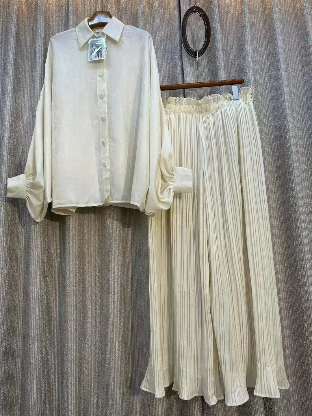 Summer Outfits For Women 2023 Fashion Set Chic and Elegant Wide Printed Shirt Two-piece High Waist Pleated Wide Leg Pants Sets