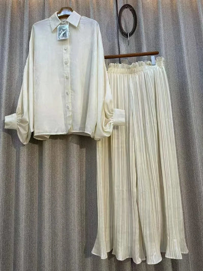 Summer Outfits For Women 2023 Fashion Set Chic and Elegant Wide Printed Shirt Two-piece High Waist Pleated Wide Leg Pants Sets