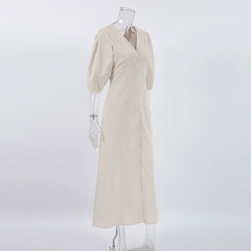 Retro Cotton Linen Women'S Summer Dress Sexy V-Neck Puff Sleeve Long Maxi Birthday Graduation Dresses Beach Sundress Robe Femmes