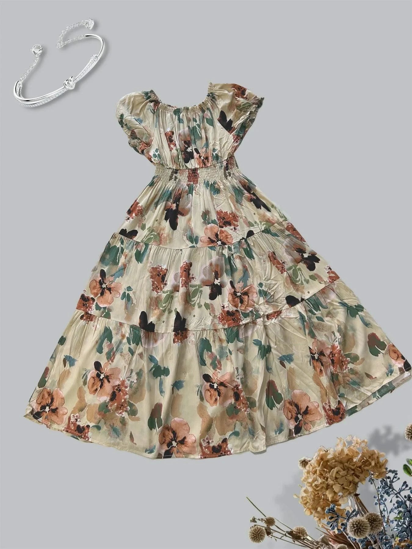 Women's Floral Summer Fashion Women's Print One-line Shoulder Dress Summer Beach Vacation Dress Causul Dress for Women