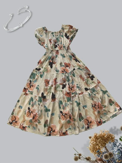 Women's Floral Summer Fashion Women's Print One-line Shoulder Dress Summer Beach Vacation Dress Causul Dress for Women