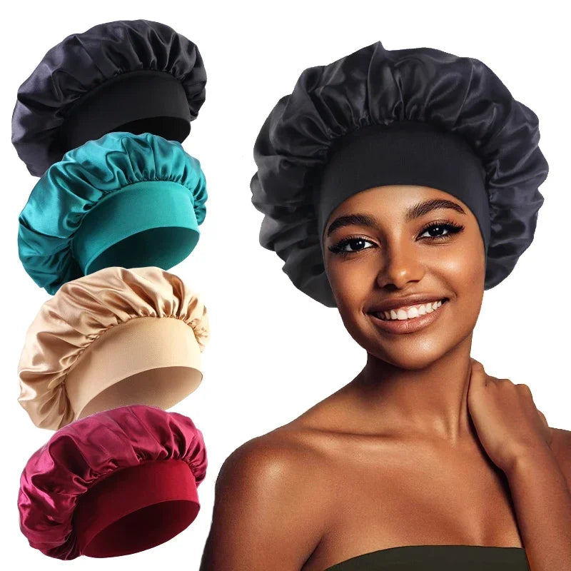 Satin Wide Brim Nightcap Shower Caps Silk Bonnet Elastic Soft Band Styling Cap Soft Silk Sleep Cap Bathroom Products