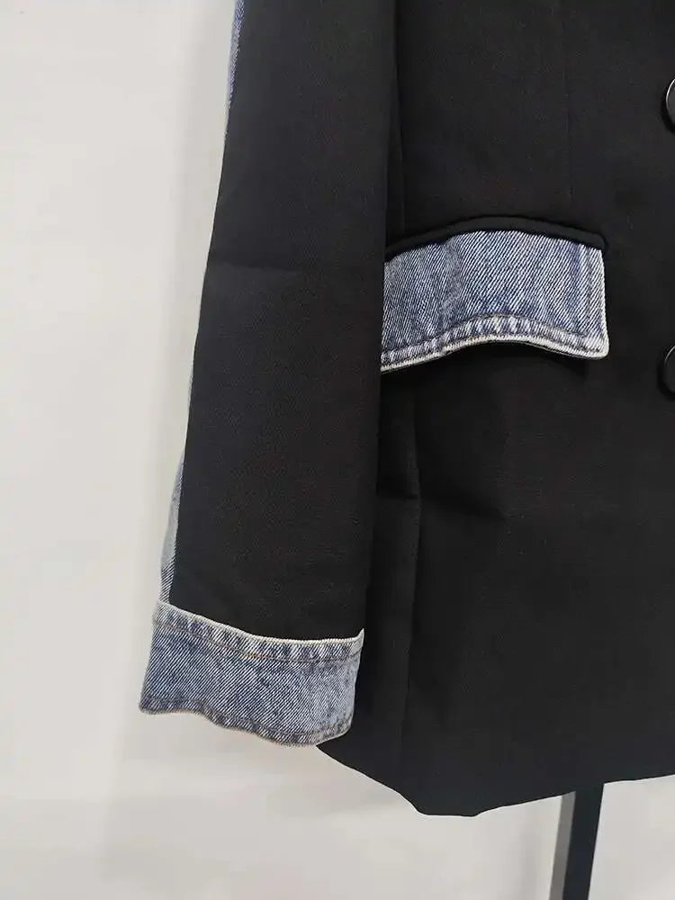 DEAT Women's Blazer Notched Collar Patchwork Denim Long Sleeve Khaki Long Sleeve Suit Coat  2024 Summer New Fashion  29L1530