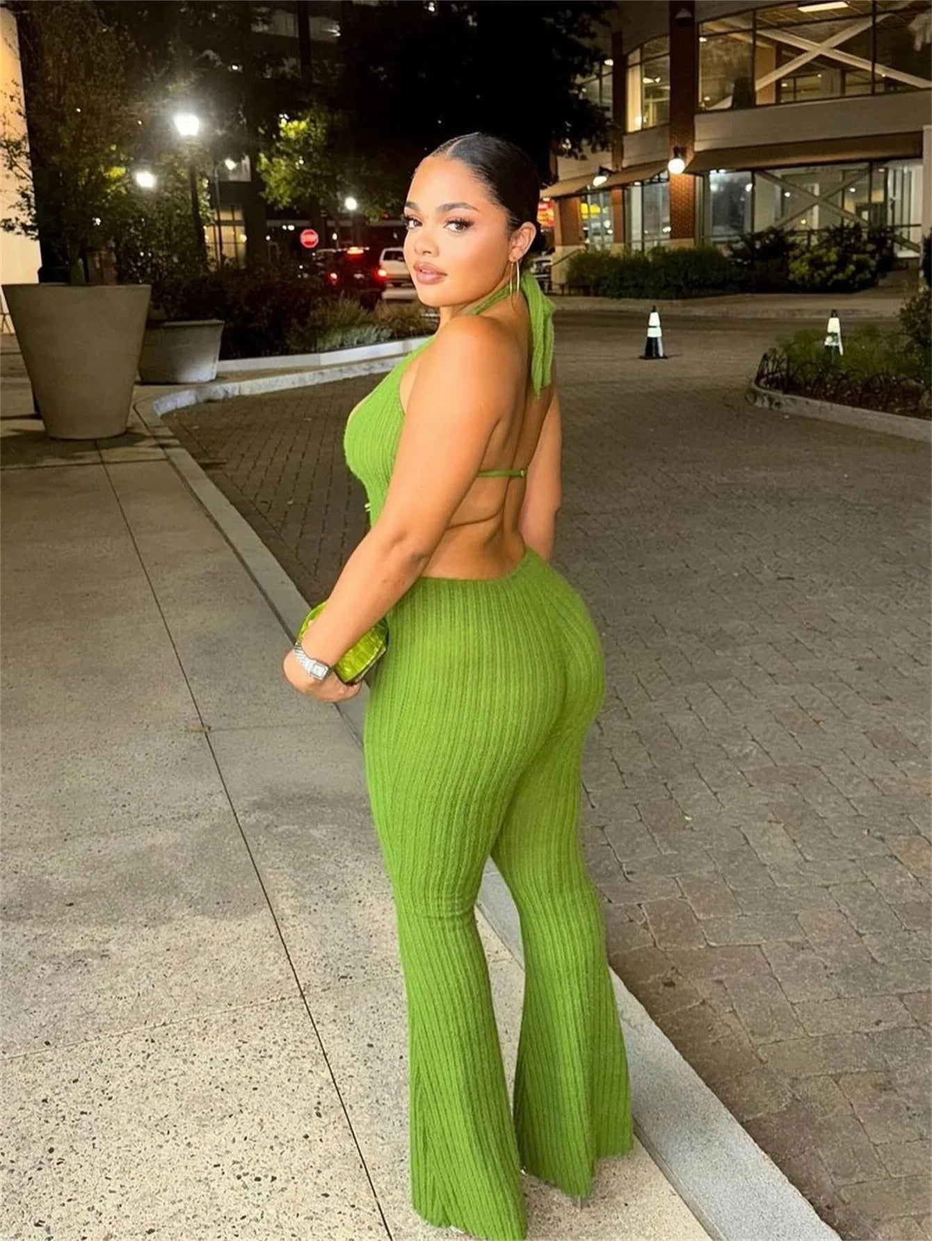 Joskaa Knitted Halter Backless Jumpsuit Women Sexy Deep V-Neck Bow Sleeveless Skinny Overalls 2025 Fitness Sportswear Clubwear