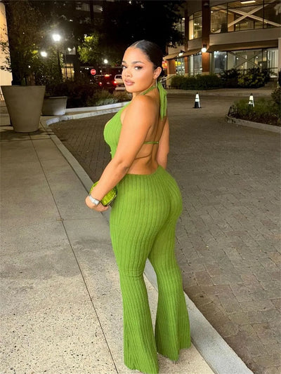 Joskaa Knitted Halter Backless Jumpsuit Women Sexy Deep V-Neck Bow Sleeveless Skinny Overalls 2025 Fitness Sportswear Clubwear