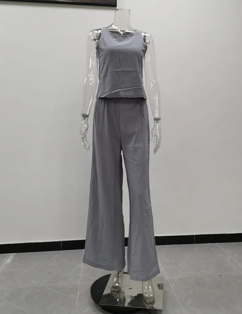 Women's New Cotton Linen Suit Summer Casual Sleeveless Round Neck Top Trousers Wide Leg Pants Two-piece Set For Women
