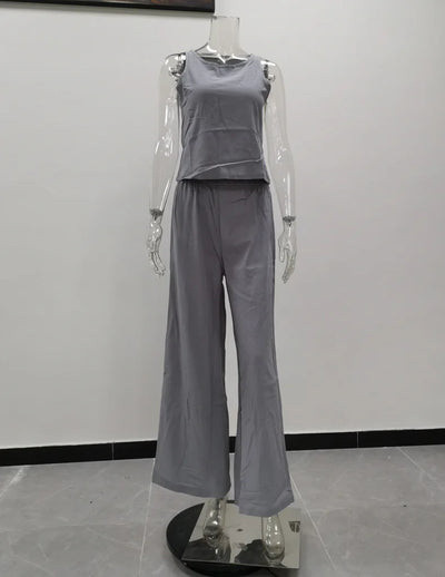 Women's New Cotton Linen Suit Summer Casual Sleeveless Round Neck Top Trousers Wide Leg Pants Two-piece Set For Women