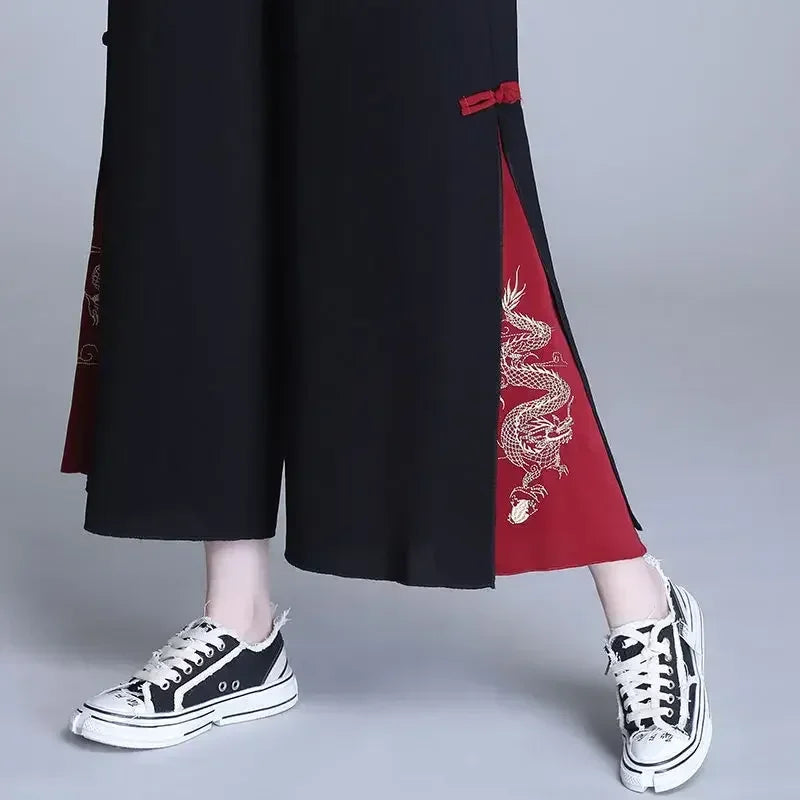 Fashion Women Trousers High Waist Wide Leg Pants Chiffon Slit Culottes Cheap Wholesale Elastic Waist Cropped Pants Free Shipping