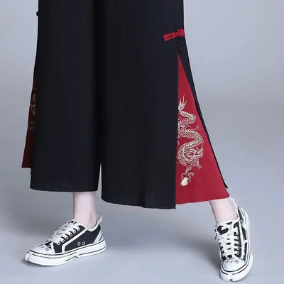 Fashion Women Trousers High Waist Wide Leg Pants Chiffon Slit Culottes Cheap Wholesale Elastic Waist Cropped Pants Free Shipping