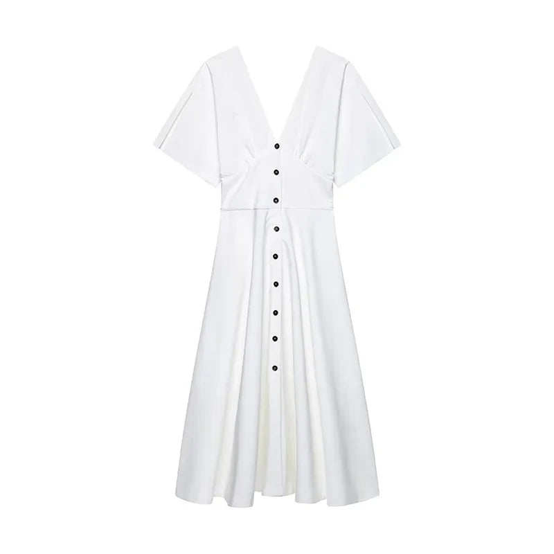 Women's Dress 2025 Summer Autumn New White Short Sleeve Buttons V Neck Midi Dress Casual Fashion Personality Versatile Vestidos