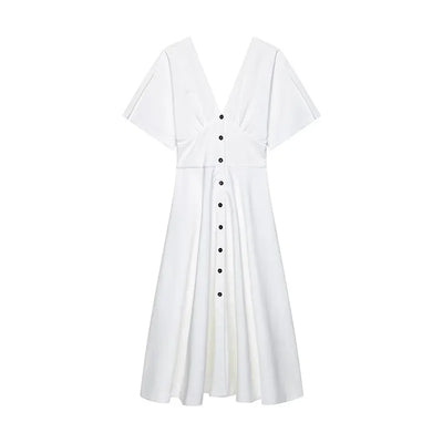 Women's Dress 2025 Summer Autumn New White Short Sleeve Buttons V Neck Midi Dress Casual Fashion Personality Versatile Vestidos