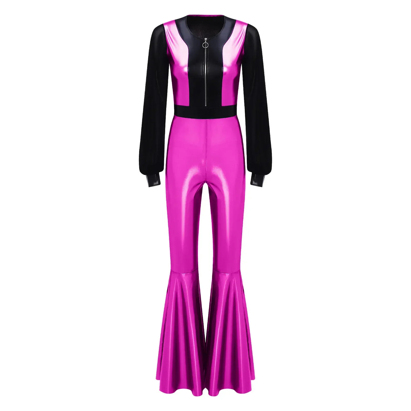 Womens Vintage 70s 80s Disco Dance Jumpsuit Mesh Long Sleeve Bell Bottom Pants Metallic Shiny Rompers Bodysuit Halloween Costume