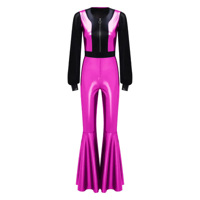 Womens Vintage 70s 80s Disco Dance Jumpsuit Mesh Long Sleeve Bell Bottom Pants Metallic Shiny Rompers Bodysuit Halloween Costume