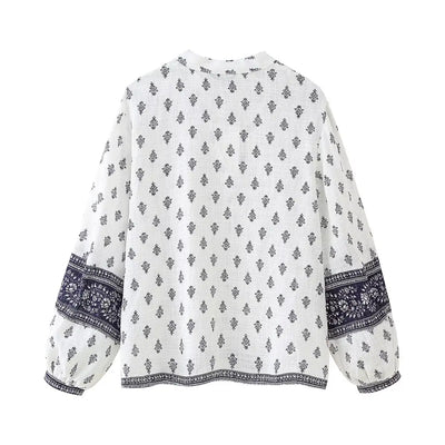 2025 Women's New Fashion Hundred Tops Puffy Sleeve Cotton Linen Printed Shirt
