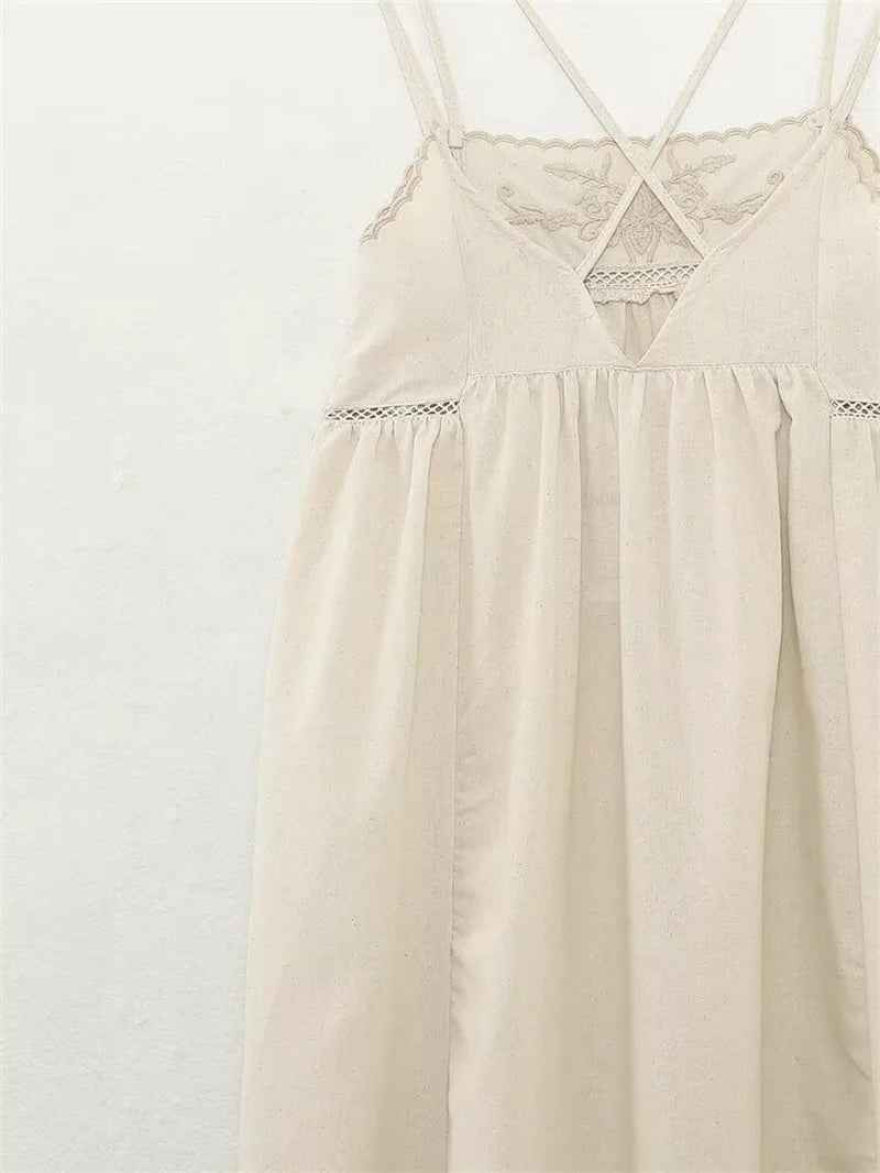 Women's Dresses New Summer 2025 Embroidered Decorative Midi Dress Sexy Suspenders Open Back Design Personality and fashion