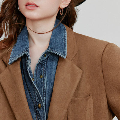 TOYOUTH Women Blazer 2025 Autumn New Barn Style Retro Brown Suede Lightweight Lapel Collar Single Breasted Button Suit Coat