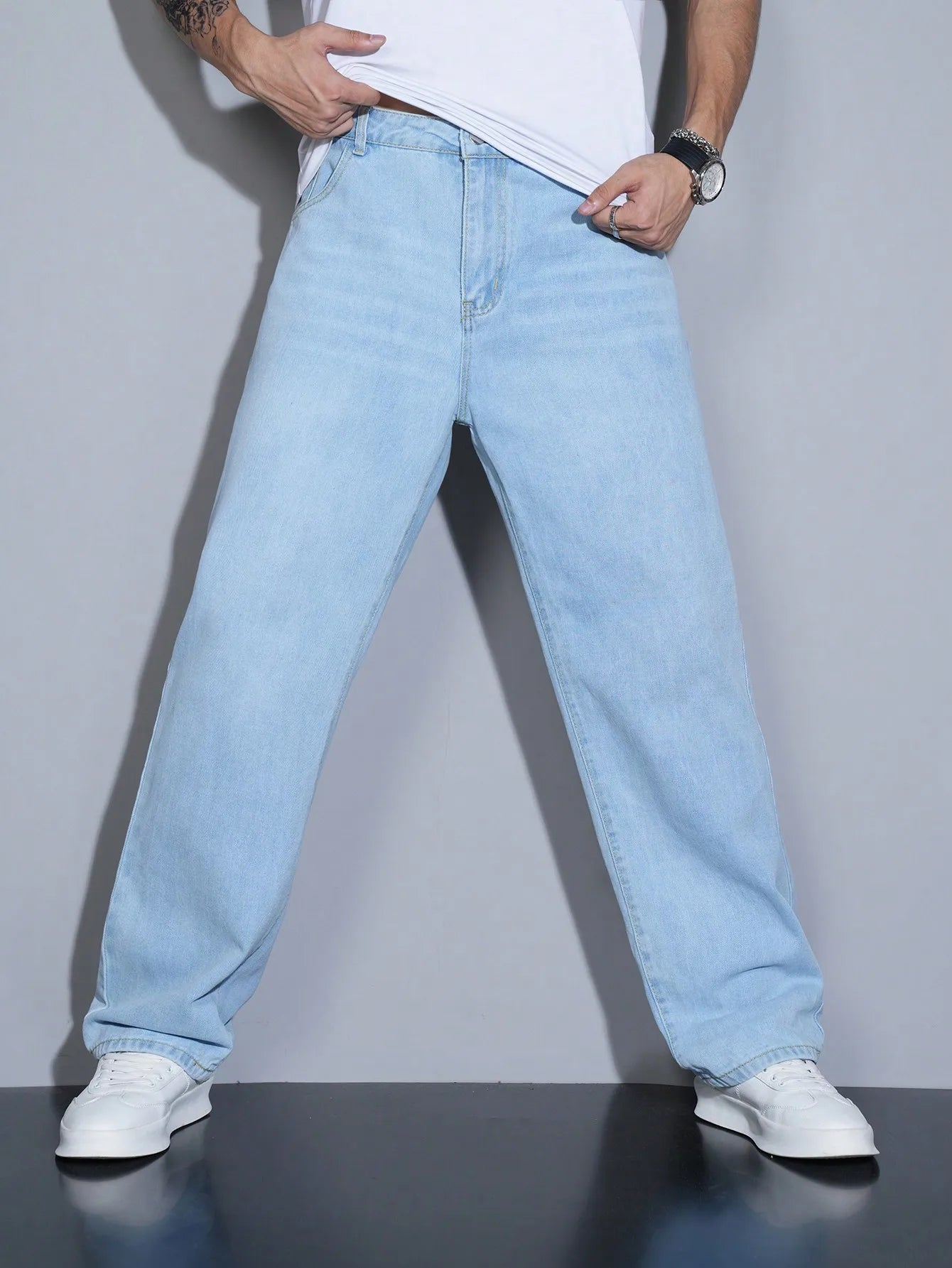 Manfinity Homme Men's Straight Loose Fit Multi-Pocket Casual Denim Jeans