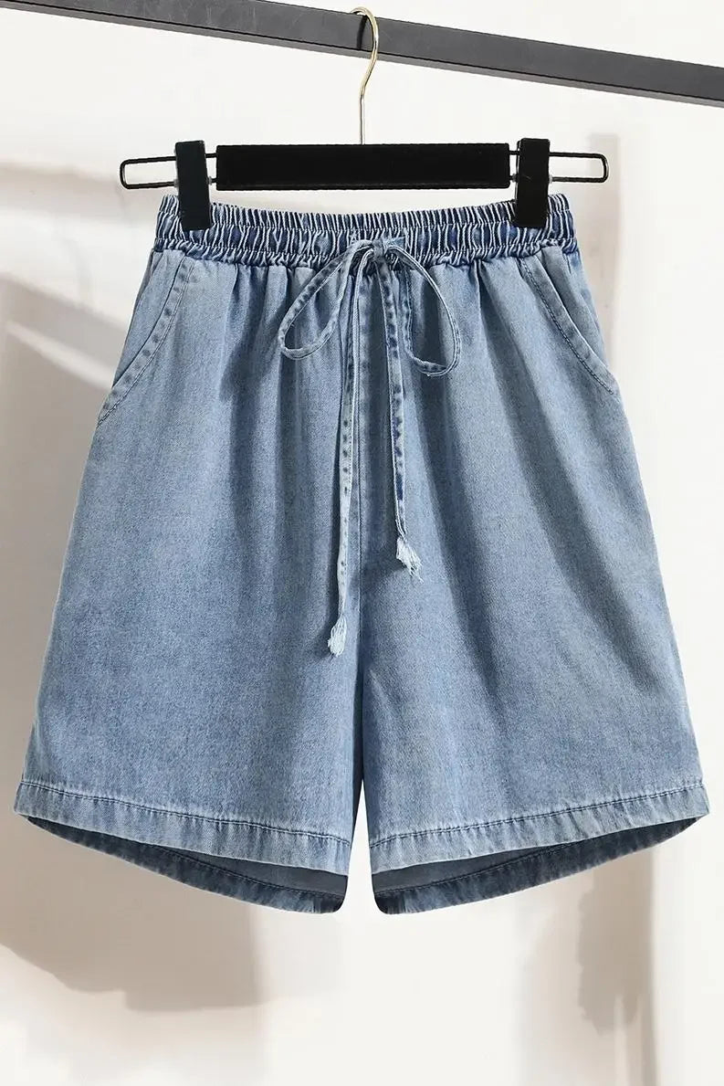 Plus Size Denim Shorts For Women 2024 Summer New Arrivals High Elastic Waist Soft Tencel Loose Blue Jeans Shorts Female Hot Sale