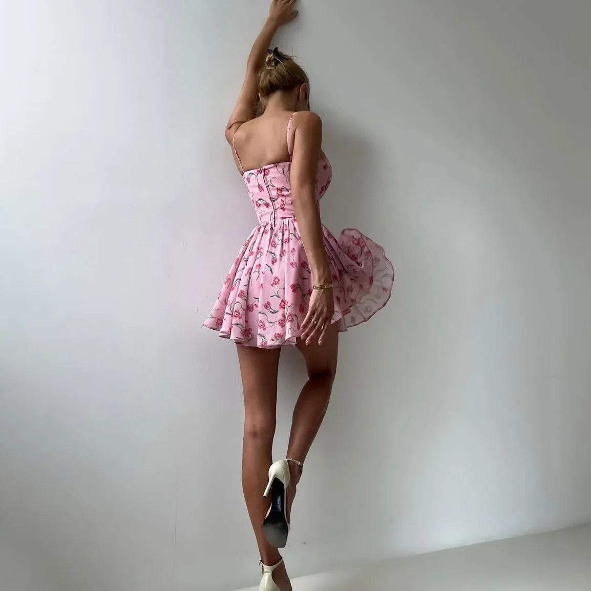 Elegant Floral Dress Women Fitted Waist Summer Dress Sexy Birthday Party Dress Lace Up Club Gowns Women Clothing