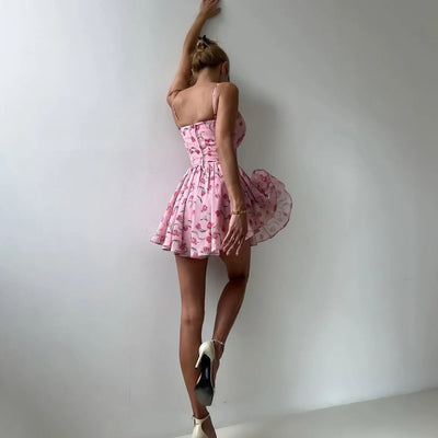 Elegant Floral Dress Women Fitted Waist Summer Dress Sexy Birthday Party Dress Lace Up Club Gowns Women Clothing