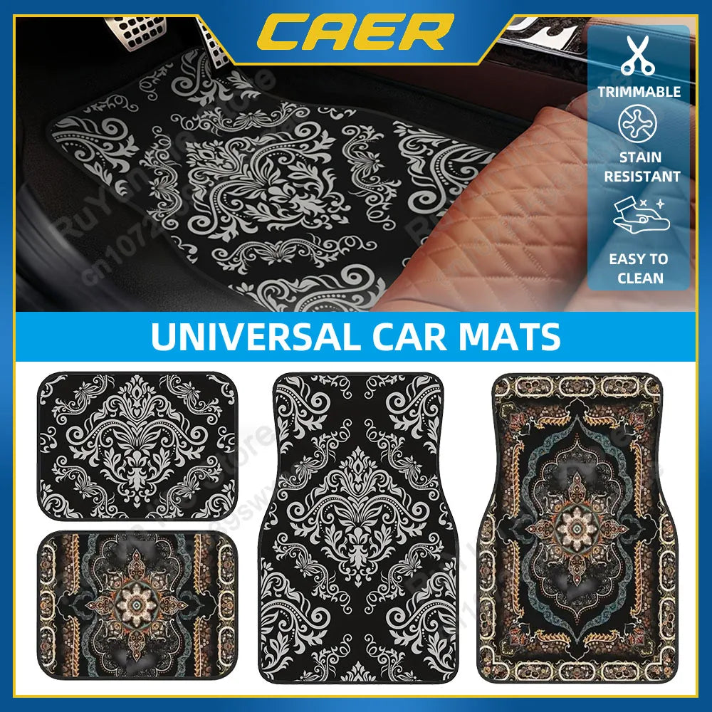 4 Pcs Car Floor Mats Bohemian Pattern European Ethnic Auto Rubber Carpet Universal Interior Accessories for Front and Rear Seats