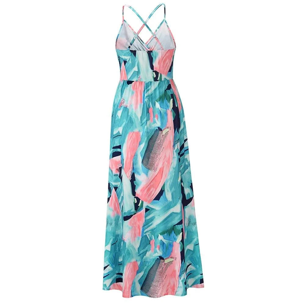 Floral Dress Women's Summer Dress Sexy Backless V-neck Suspender Long Dress