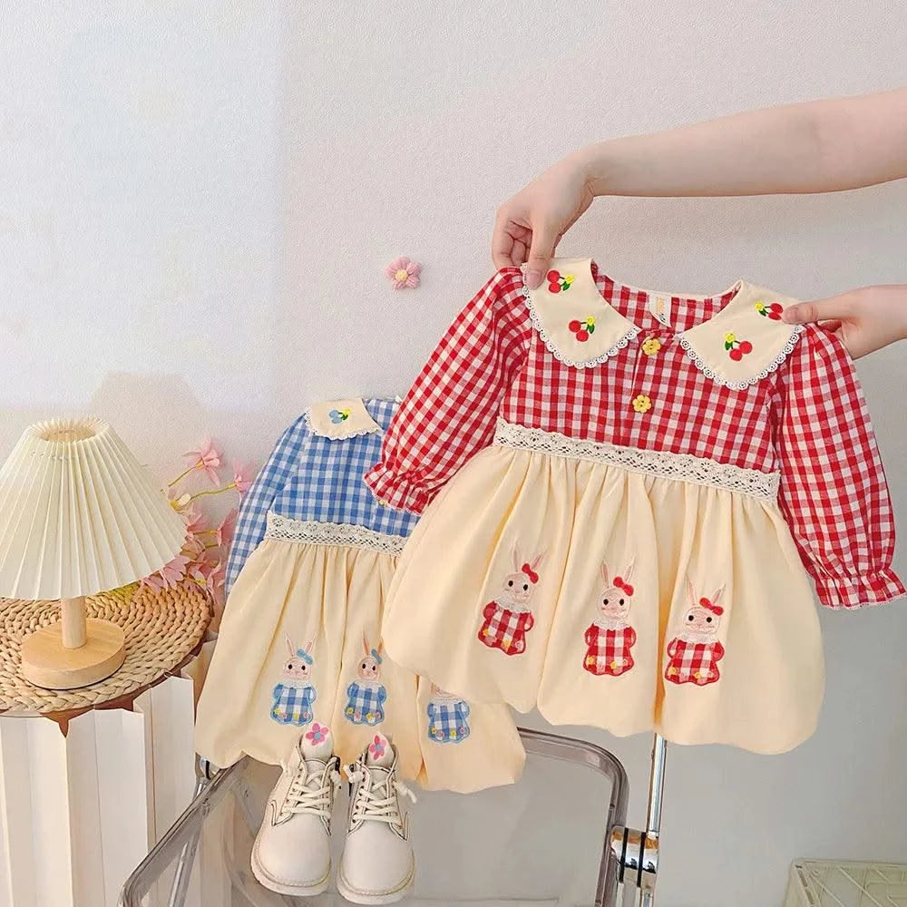 Rabbit Embroidery Cherry Lace Checkered  Peter Pan Collar Dress For Toddler |Girl  1-4Y Infant Girl Princess Dress|New Arrival
