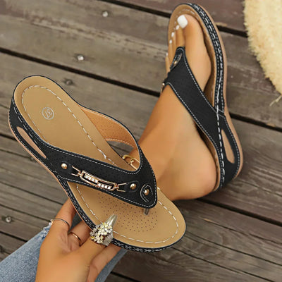 Chic Women's Retro Flip-Flops With Arch Support - Comfortable Slip-On Summer Thong Sandals, Faux Cover