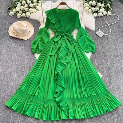 Women's V Neck Ruffles Splice Lantern Sleeve High Stretch Oversized Dresses Miyake Maxi Pleated 2025 Spring Long Party Clothing