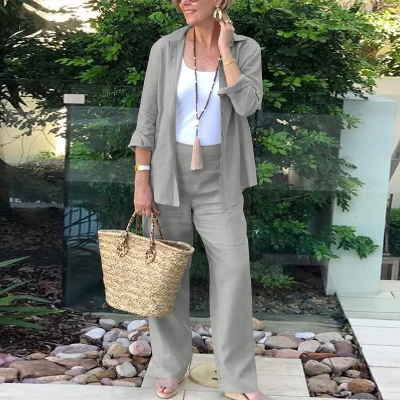Cotton Linen Sets Womens Outifits Mathing Grey Long Sleeve Lapel Shirt Blouse Casual Long Pant Two Piece Tracksuit Suits