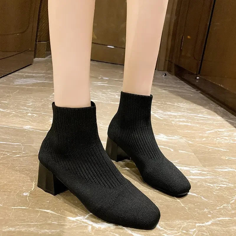 Stretch  Sock Boots For Women Shoes Square Heel Yellow Knitting shoes Elastic Cottton Boots Lady Footwear
