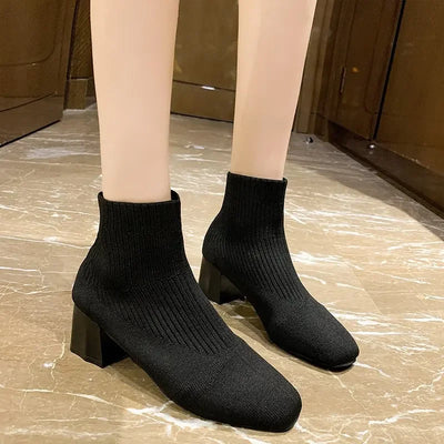 Stretch  Sock Boots For Women Shoes Square Heel Yellow Knitting shoes Elastic Cottton Boots Lady Footwear