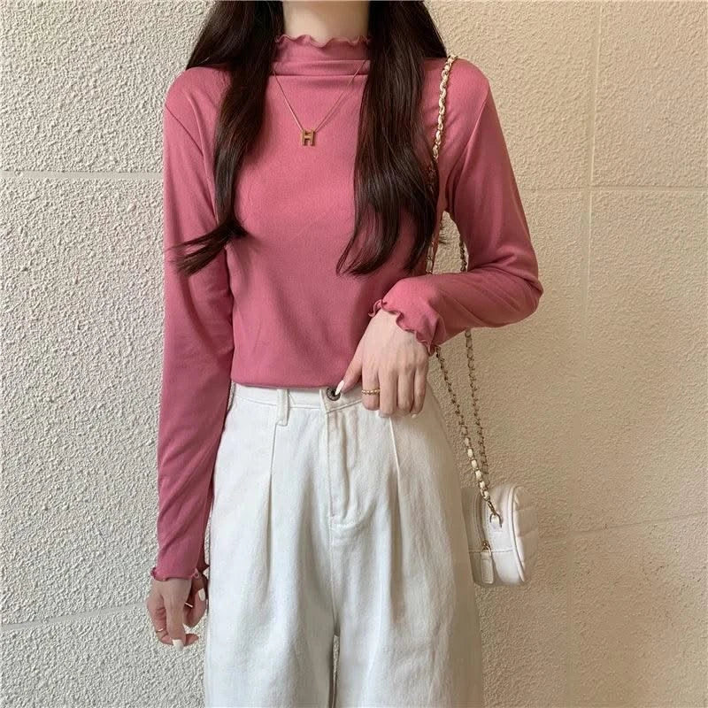 Skinny High Elastic Mock Neck Pullover Long Sleeve T-shirts For Women