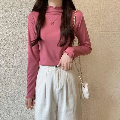 Skinny High Elastic Mock Neck Pullover Long Sleeve T-shirts For Women