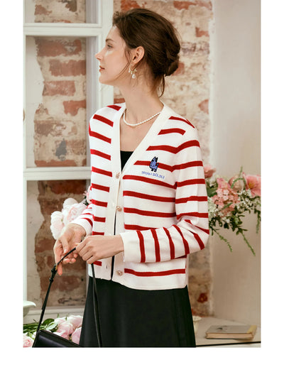 OLrain Wool Blend Striped Cardigan Women 2025 Spring Commute Embroidery V Neck Long Sleeve Chic Button Knitwear M56QZ86390