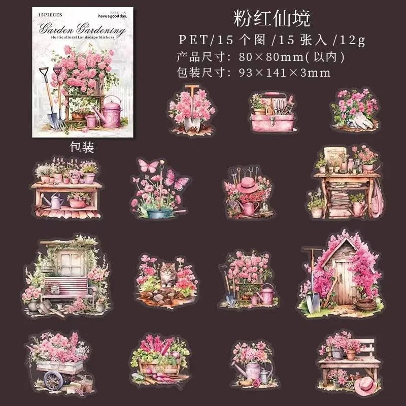 15Pcs stickers pack Garden Flower Workshop Garden Scenery Handbook Supplies Decorative Stickers Diary Scrapbook 141*93mm