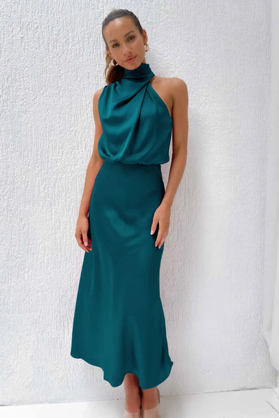 2025 Spring/Summer Long Dress for Women High Waist Halter Satin Sleeveless Dress Fashion Elegant Solid Evening Party Dresses