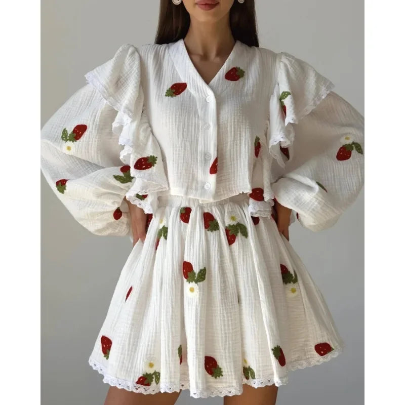 Women Cotton Linen Print Loose Suit Women Lantern Sleeve Ruffles V-neck Patchwork Single-Breasted Top High Waist Mini Skirt Suit