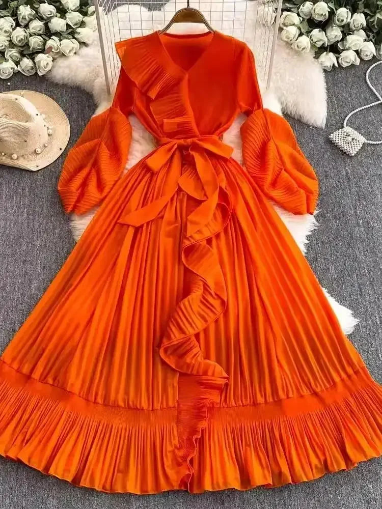 Women's V Neck Ruffles Splice Lantern Sleeve High Stretch Oversized Dresses Miyake Maxi Pleated 2025 Spring Long Party Clothing