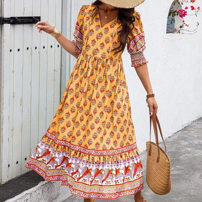 dresses for women Fashion summer Casual long dresses Bohemian V-Neck Printed High Waisted Big Swing Dress vestidos cortos