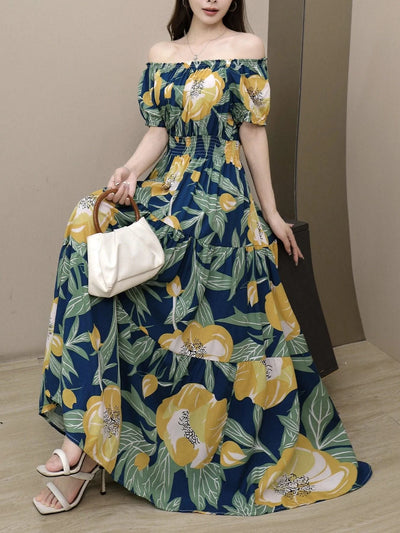 Women's Floral Summer Fashion Women's Print One-line Shoulder Dress Summer Beach Vacation Dress Causul Dress for Women