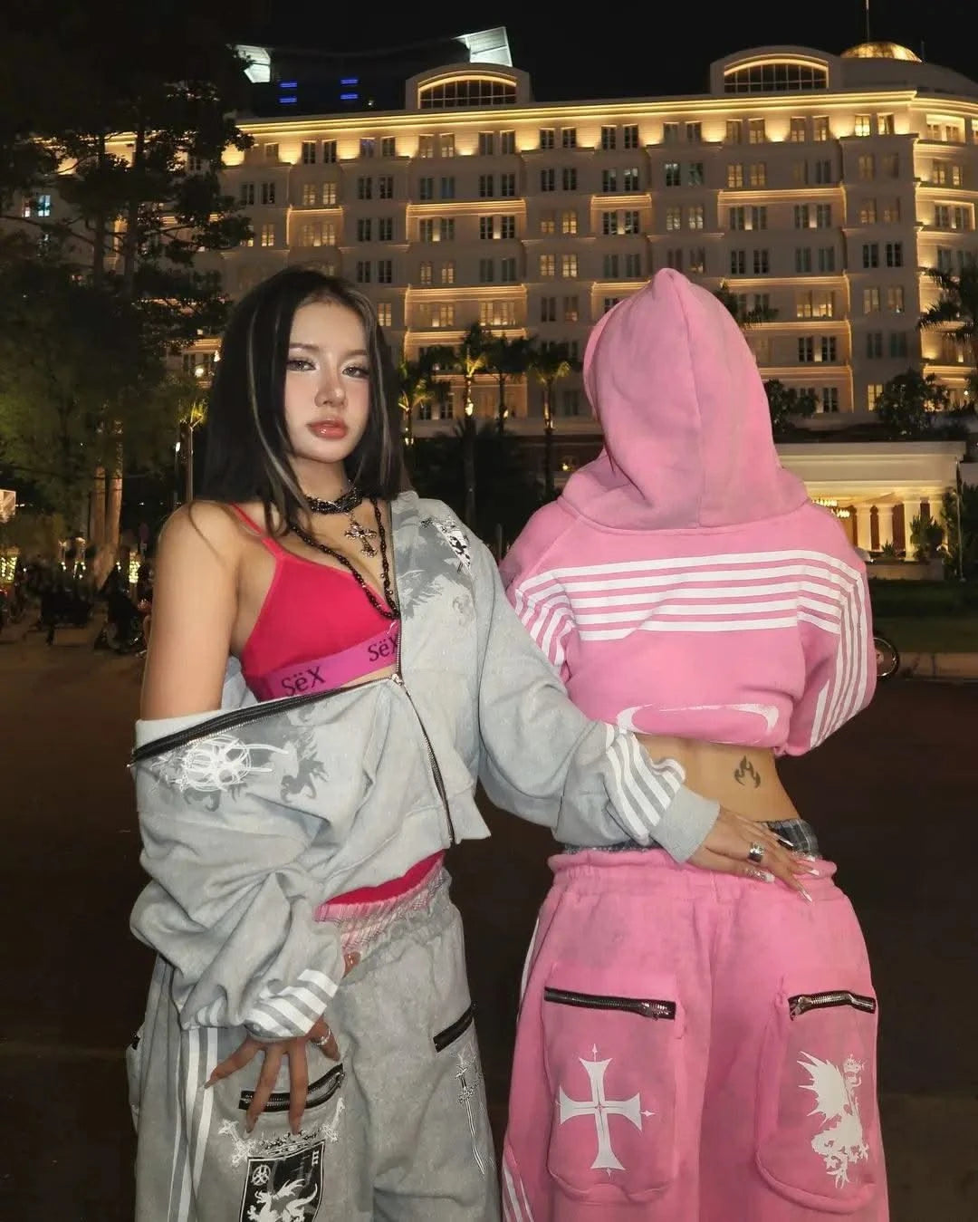 Sexy European and American printed striped hooded sweatshirt with zipper, pink men's and women's sports loose sweatshirt jacket
