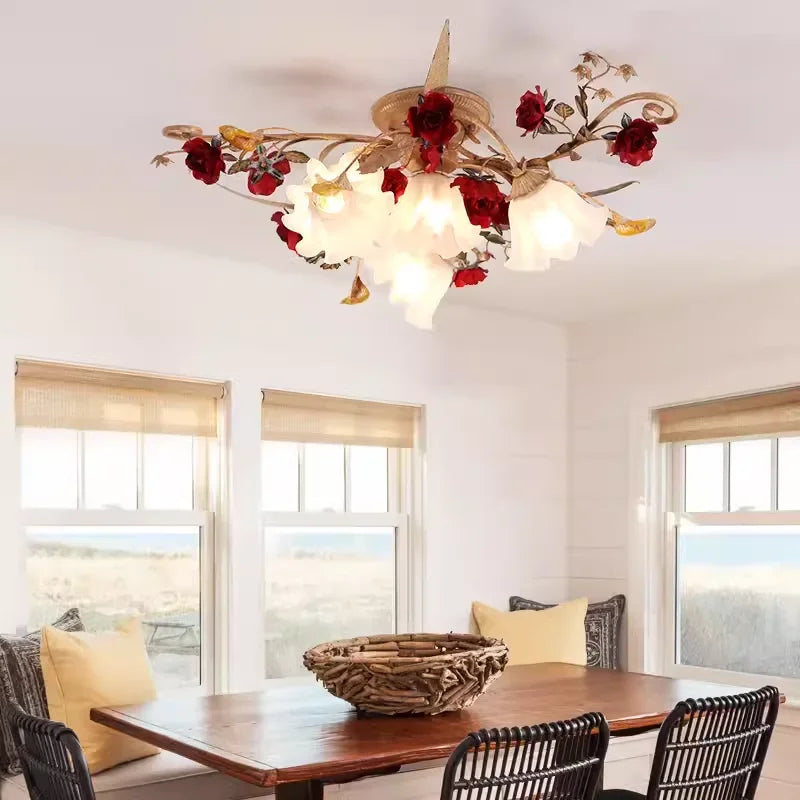 Home Decor Pastoral Retro LED Ceiling Lamp Warm Romantic Flower Chandeliers Fixtures for Living Room Bedroom Lighting Luminaire