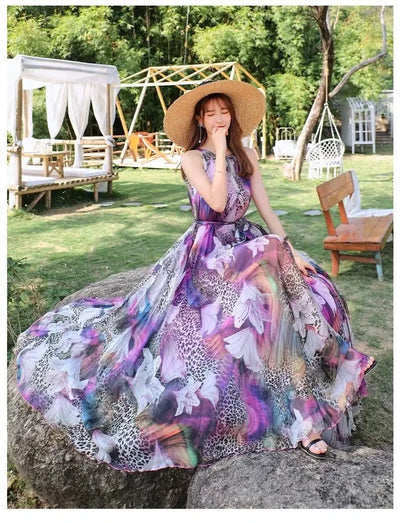 2023 New Floral Summer Sleevelss Suspender Maxi Dress for Women Sexy Backless Beach Purple Boho Robe Femme Sundress Dress Photo