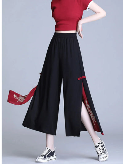 Fashion Women Trousers High Waist Wide Leg Pants Chiffon Slit Culottes Cheap Wholesale Elastic Waist Cropped Pants Free Shipping