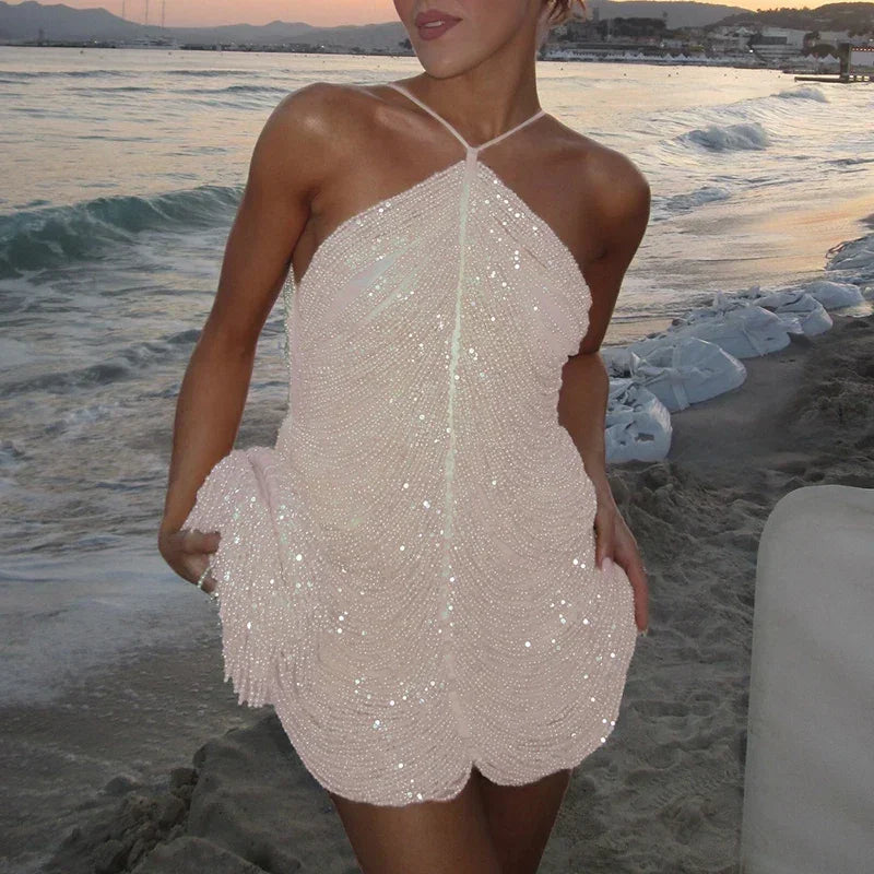 Summer Elegant Temperament Women Prom Gown Fashion Solid Tassels Suspender Dresses Sexy Hollow Out Sleeveless Party Mini Dresses