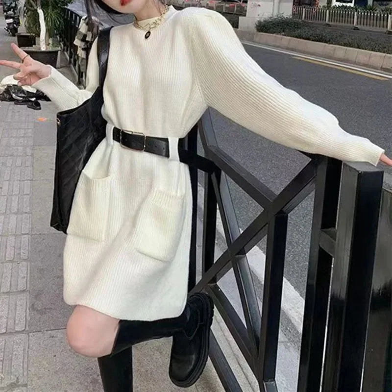 Korean Fashion with Belt Short Dress Women Vintage Long Sleeve Knitted Dresses Female 2025 New Loose Pocket Solid Basic Dresses
