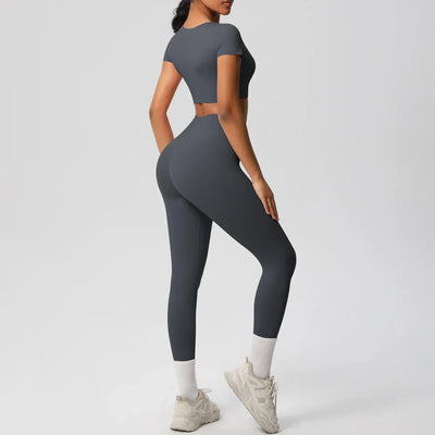 Yoga Set 2 Pieces Women Tracksuits Workout Sportswear Gym Clothing Fitness Short Sleeve With Padded High Waist Leggings Suits