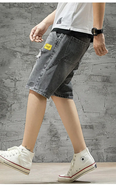 Summer Denim Shorts For Men Trendy Ripped Elastic Waist Loose Fit Casual Jeans 5 Minute Length Middle Pants